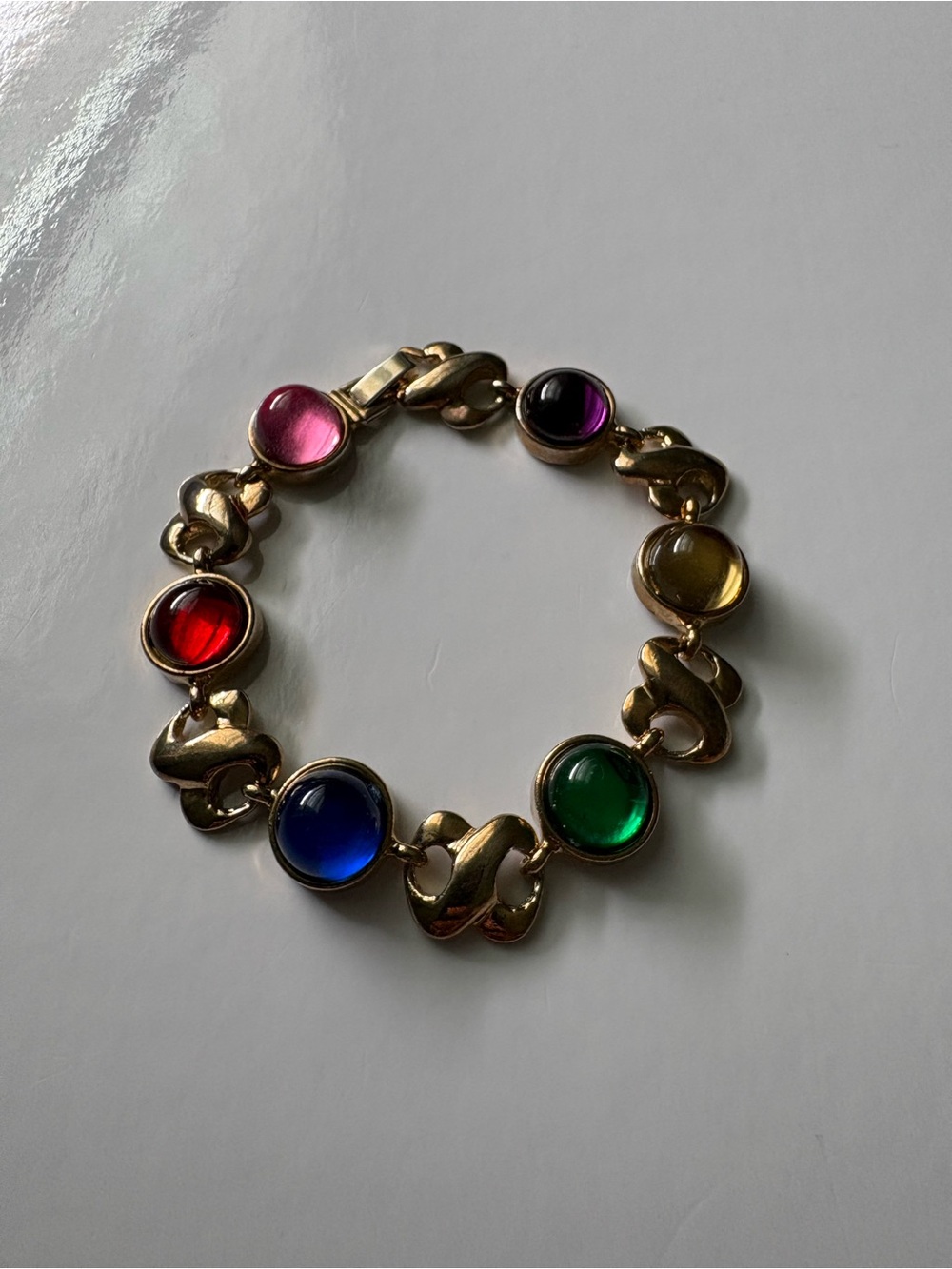 Vintage Gold Jewel Tone Cabochon Bracelet Loop Chainlink Gripoix Mogul Gemstones